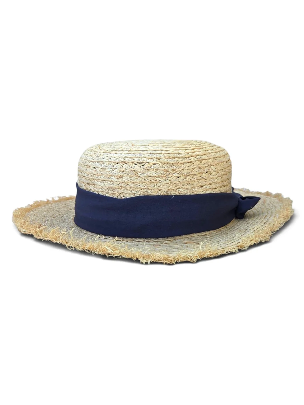 POL 100% Raffia Straw Boater Hat Raw Frayed Edge Navy Ribbon Bow Beach Sun Hat